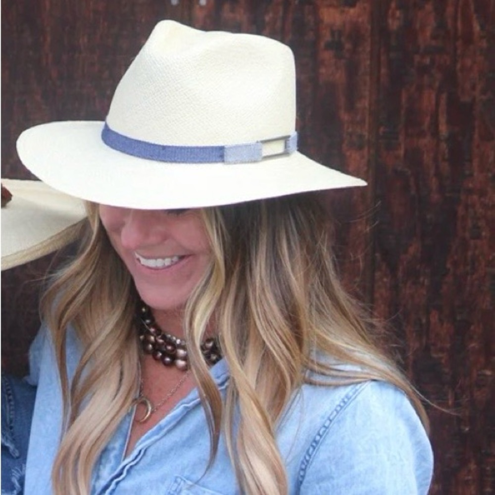 Susan Carrolan Millinery Panama Straw Hat with Denim Band size M